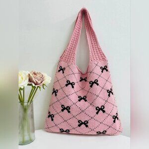 NWT Boutique Barbie Coquette Lolita Cosplay Bow Ribbon Knit Tote Bag